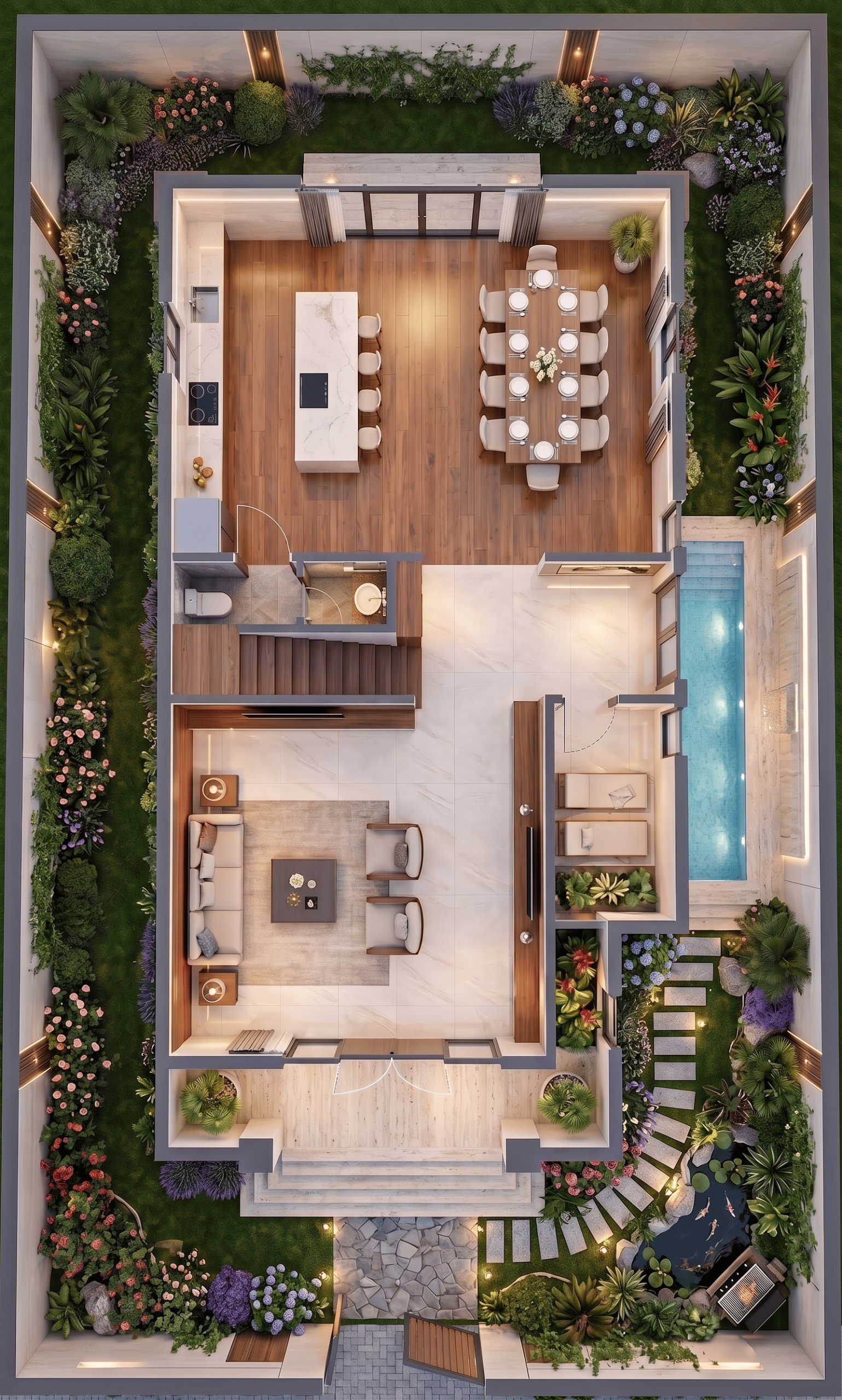 Mặt bằng tầng trệt có hồ bơi biệt thự Vinhomes Hóc Môn