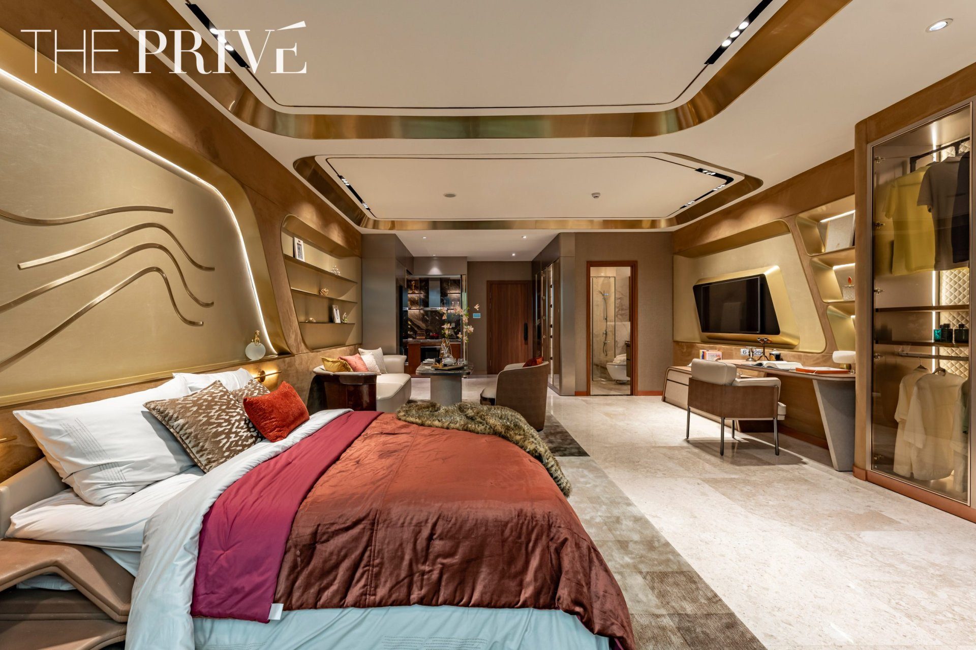 Phòng ngủ căn hộ mẫu 1 phòng ngủ The Privé, tủ quần áo bespoke