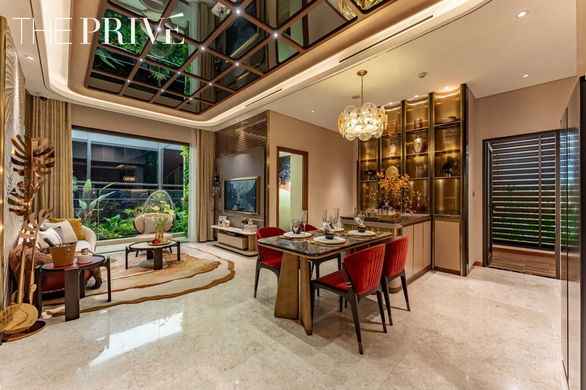 Nhà mẫu căn hộ 2 phòng ngủ The Privé: phòng ăn và phòng khách liên thông