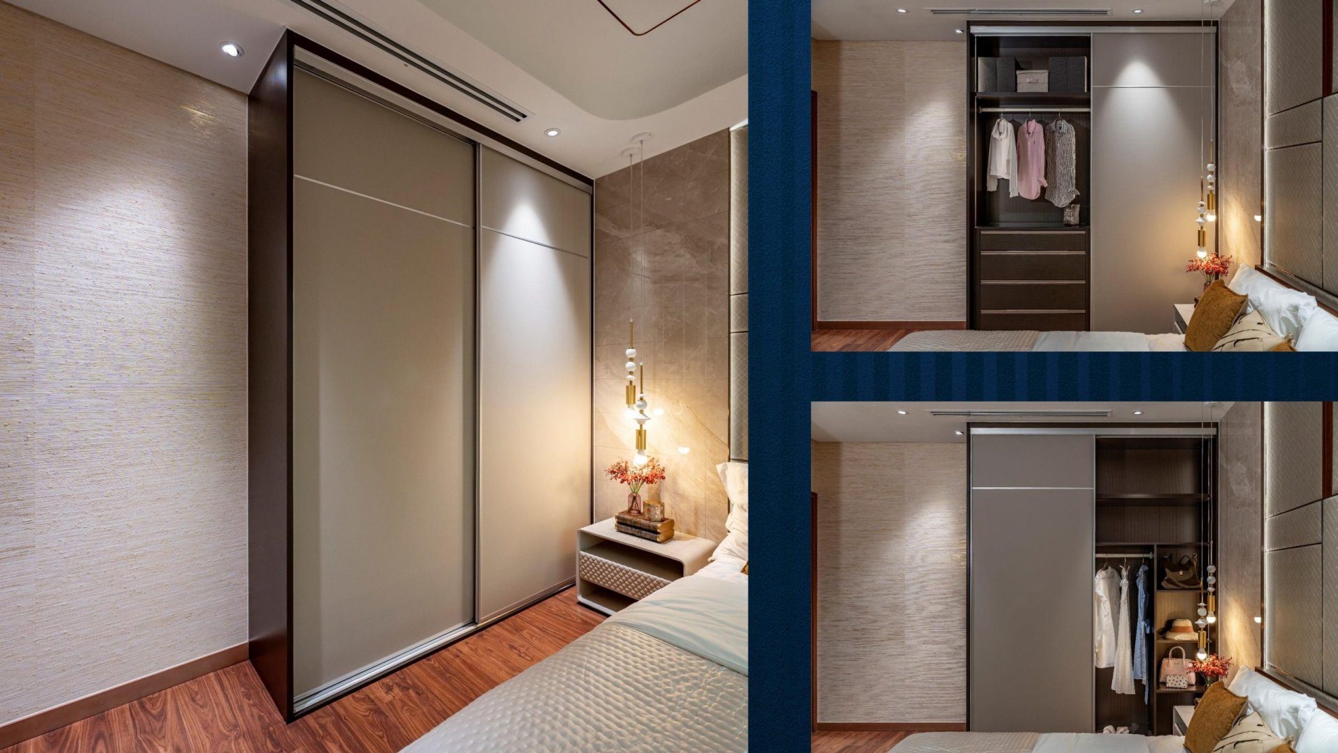 Tủ quần áo âm tường bàn giao trong phòng ngủ căn hộ The Privé