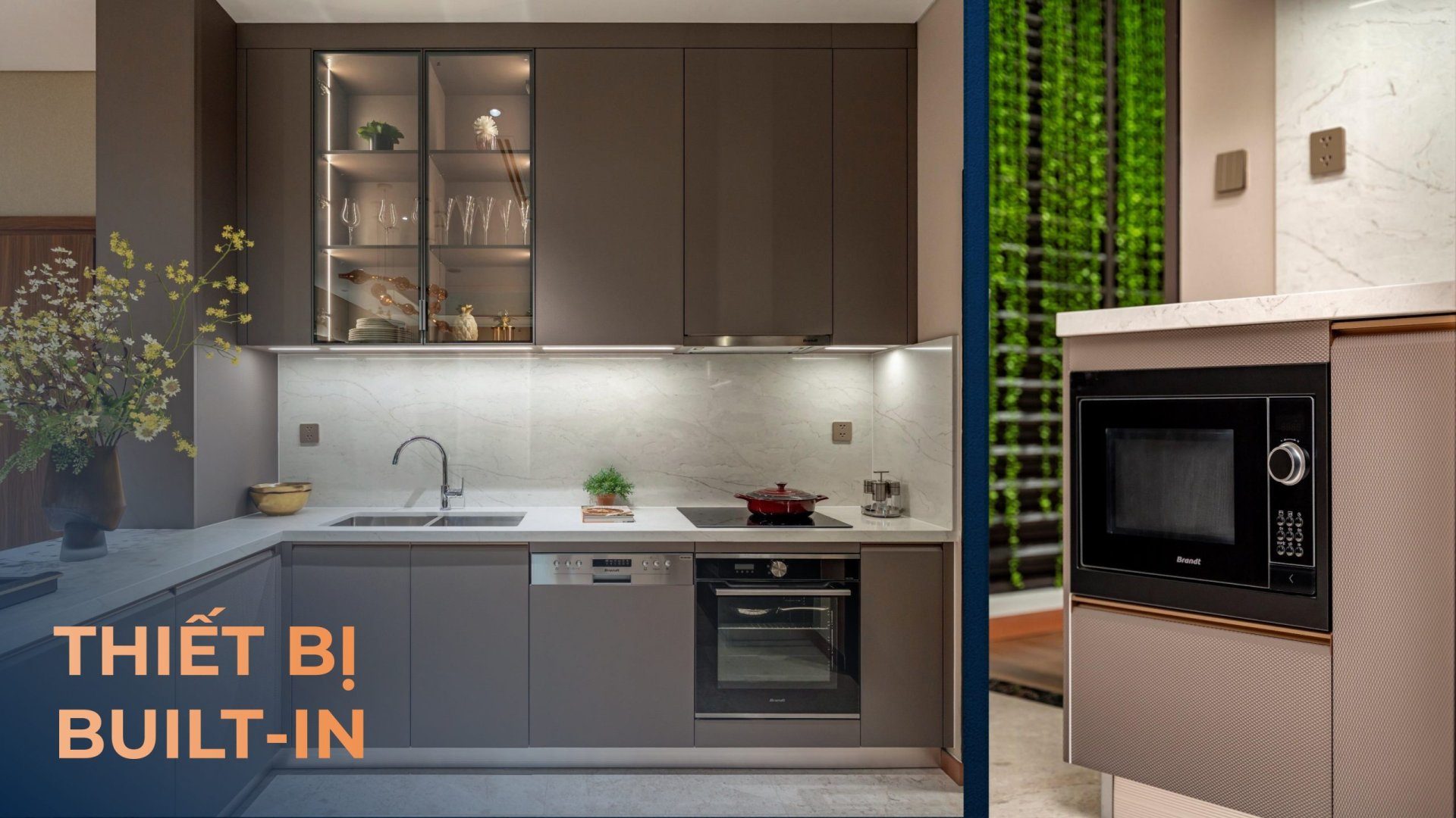 Tủ bếp và thiết bị built-in bàn giao tại căn hộ The Privé: lò nướng, lò vi sóng, bếp từ, máy hút mùi