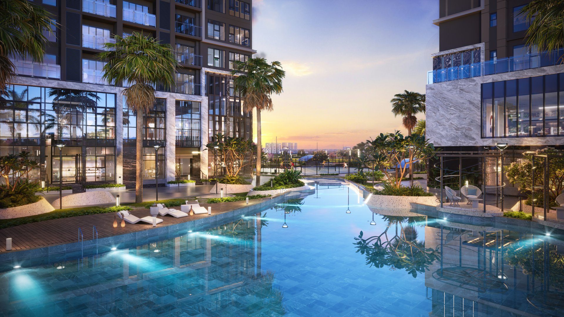 Hồ bơi điện phân muối phong cách resort tại căn hộ The Privé lúc hoàng hôn