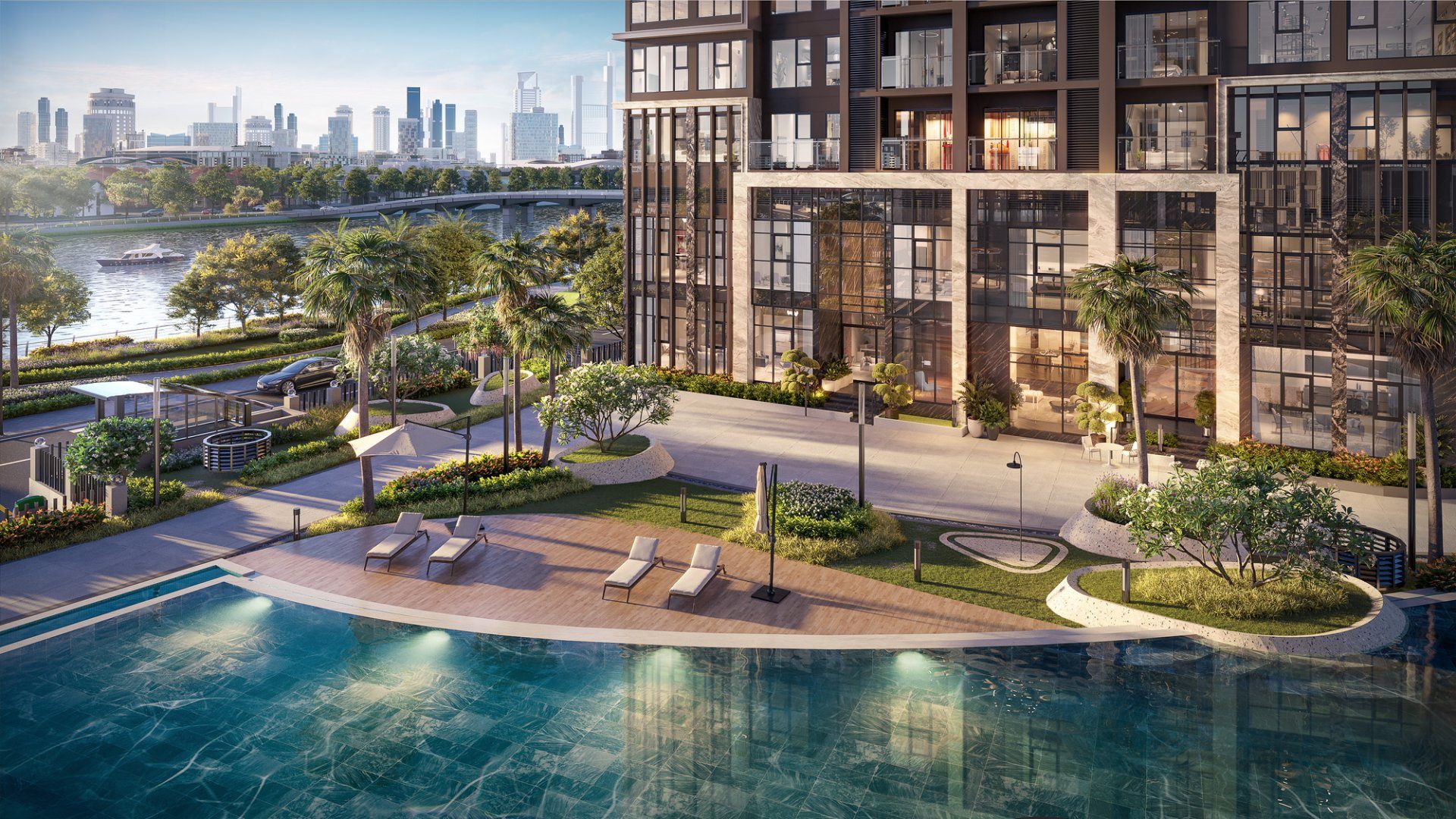Hồ bơi và sàn tắm nắng ven sông tại căn hộ ven sông Quận 2 The Privé