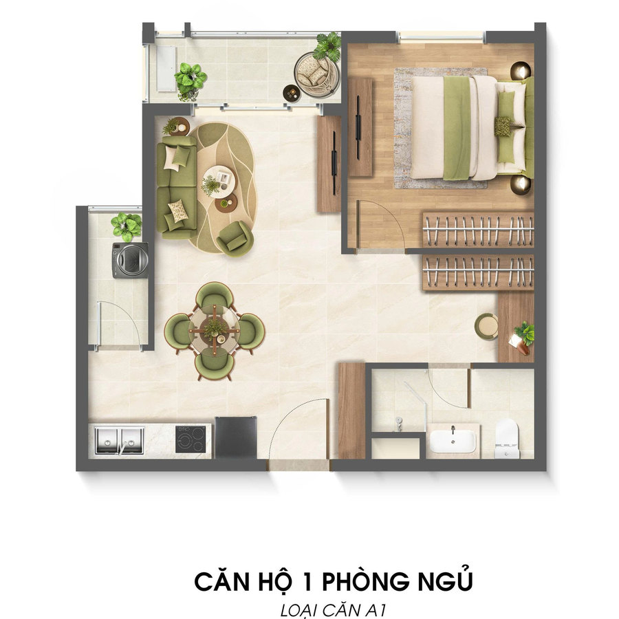 Layout bố trí nội thất căn hộ 1 phòng ngủ Imperia Sensa Park