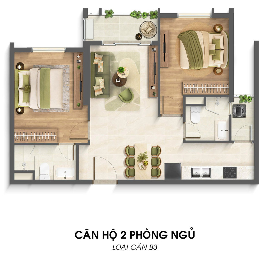 Layout bố trí nội thất căn hộ 2 phòng ngủ Imperia Sensa Park mẫu 1