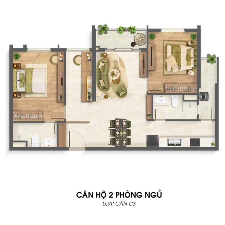 Layout bố trí nội thất căn hộ 2 phòng ngủ Imperia Sensa Park mẫu 2