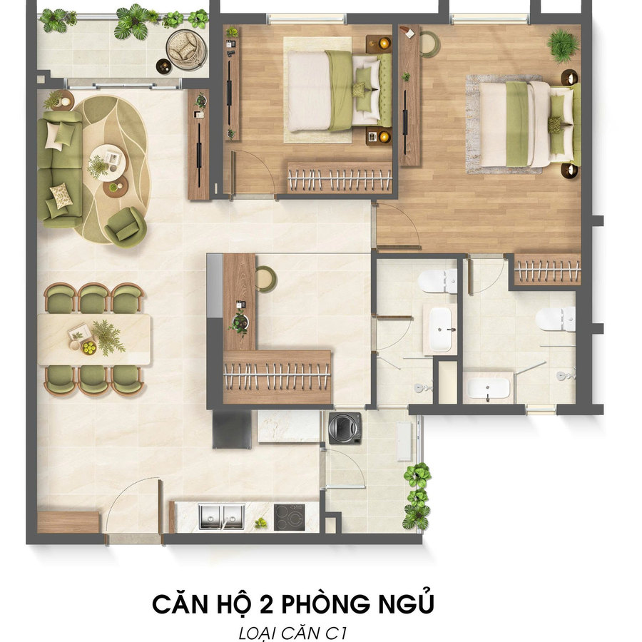 Layout bố trí nội thất căn hộ 2 phòng ngủ Imperia Sensa Park mẫu 3