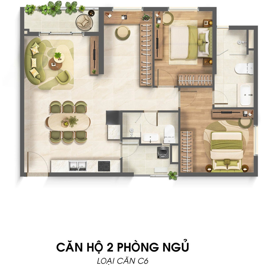 Layout bố trí nội thất căn hộ 2 phòng ngủ Imperia Sensa Park mẫu 4