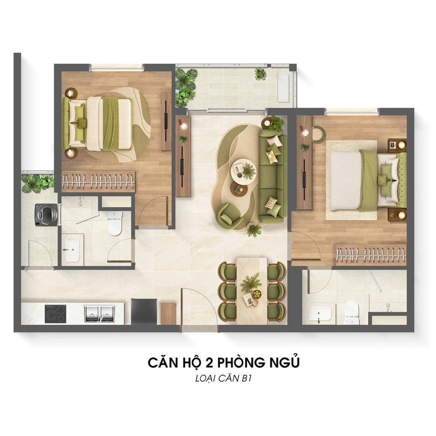 Layout bố trí nội thất căn hộ 2 phòng ngủ Imperia Sensa Park mẫu 5