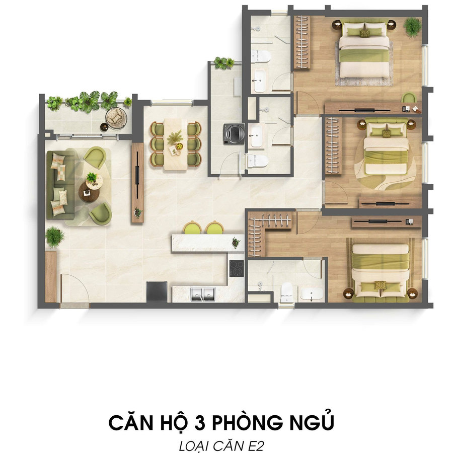 Layout bố trí nội thất căn hộ 3 phòng ngủ Imperia Sensa Park mẫu 1