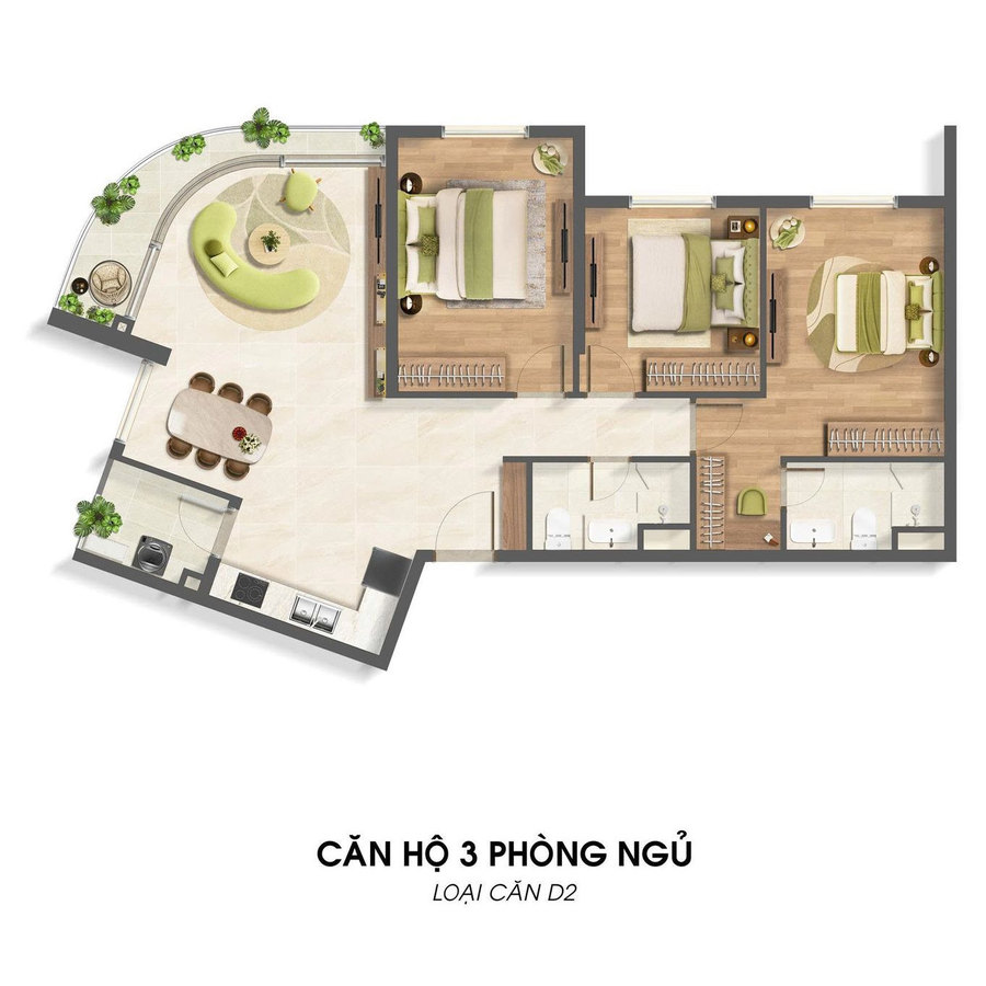 Layout bố trí nội thất căn hộ 3 phòng ngủ Imperia Sensa Park mẫu 2