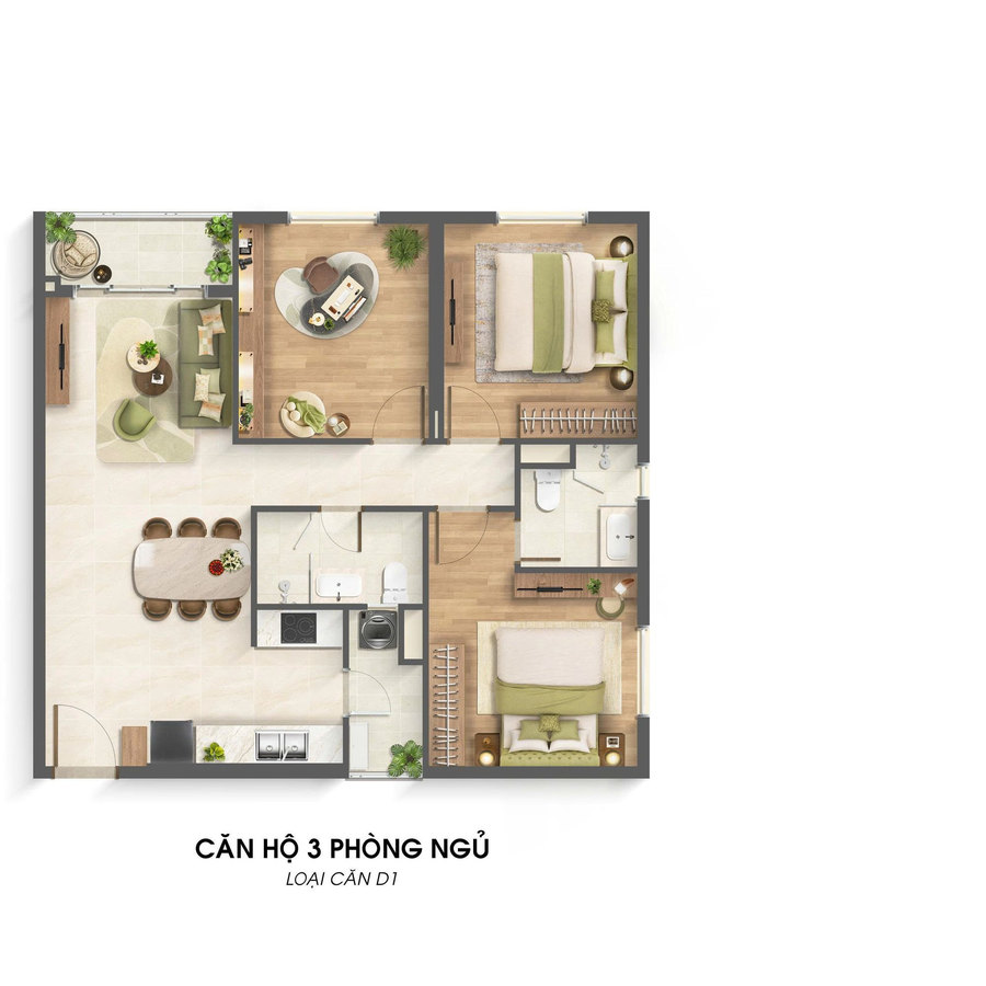 Layout bố trí nội thất căn hộ 3 phòng ngủ Imperia Sensa Park mẫu 3