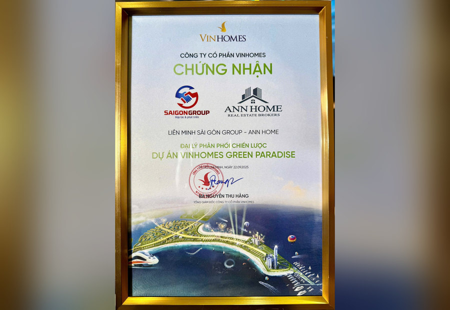 Chứng nhận đại lý F1 Vinhomes Green Paradise Cần Giờ của Sài Gòn Group